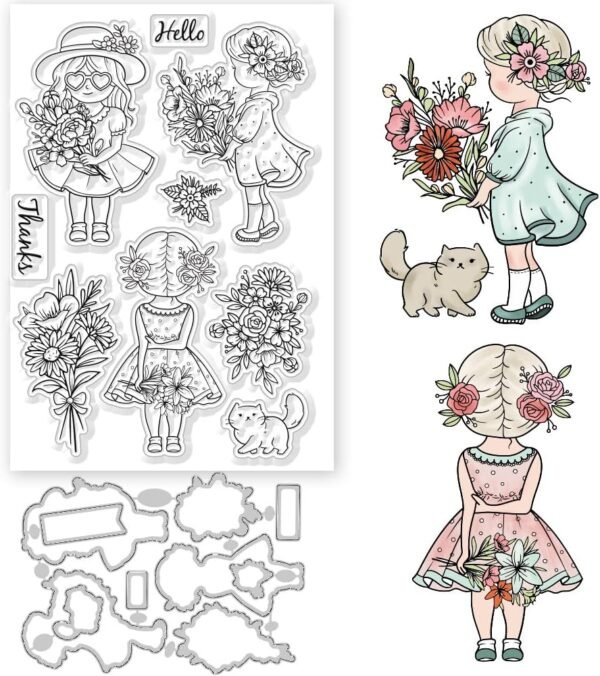 Flower Bouquet and Lady Clear Stamps and Metal Cutting Dies Set for DIY Scrapbooking Photo Album Decorative Cards Making Embossing Album Crafts